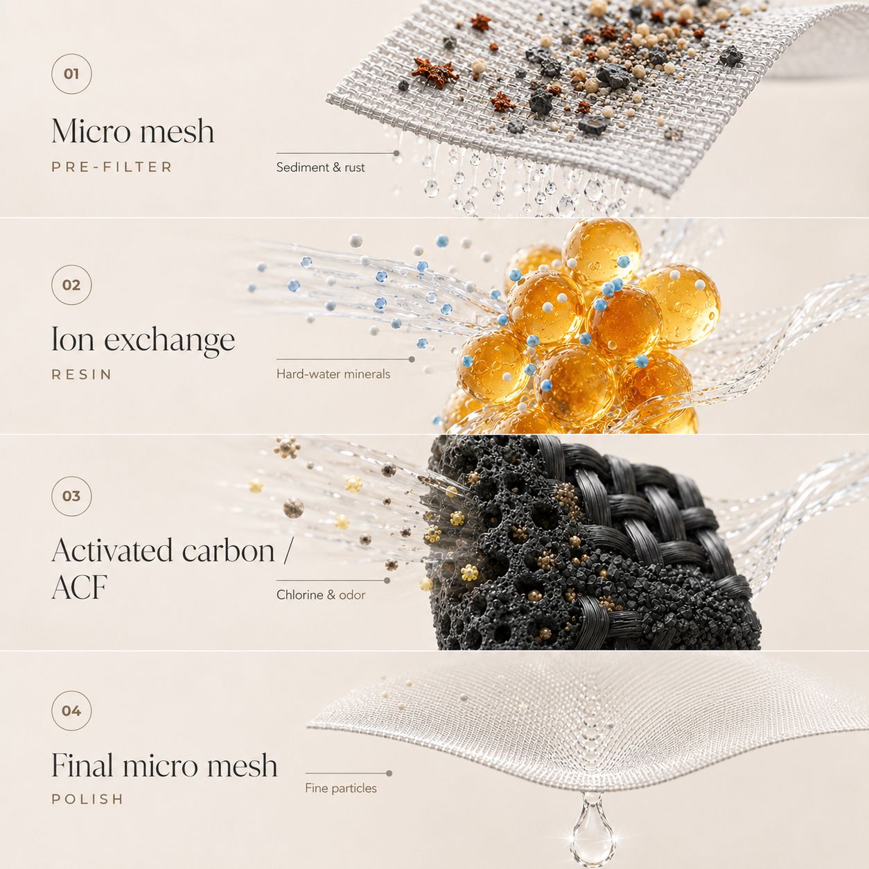 Lavero filter stages — micro mesh, ion exchange resin, activated carbon ACF, final micro mesh