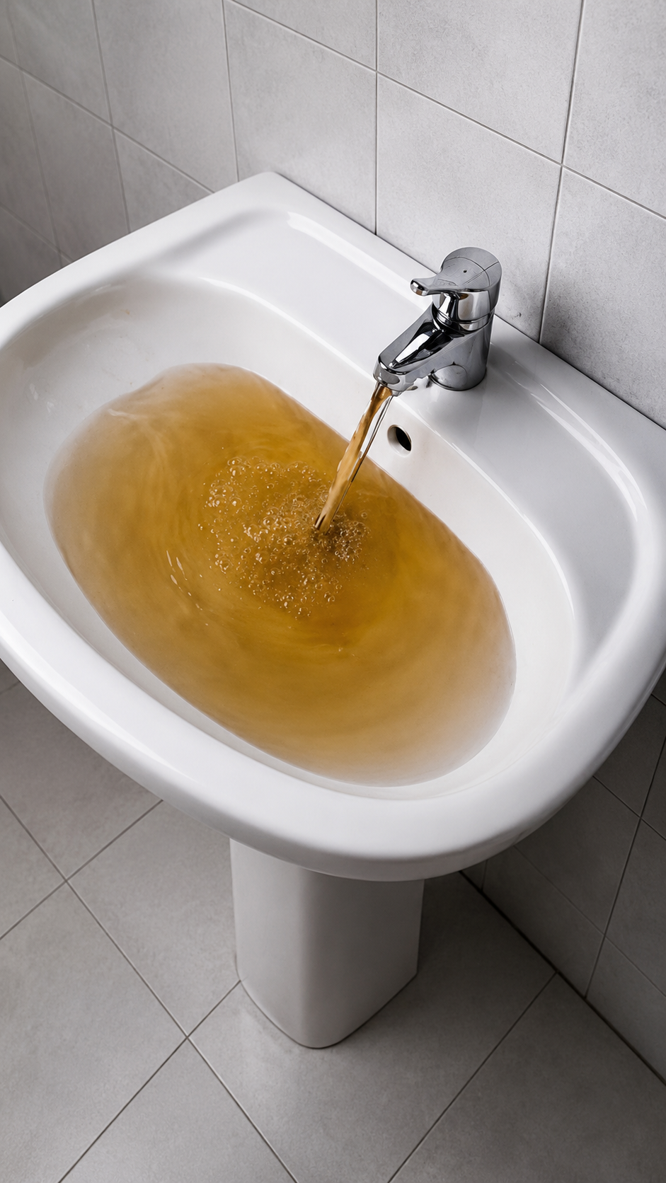 Brown discoloured tap water pouring into a white sink
