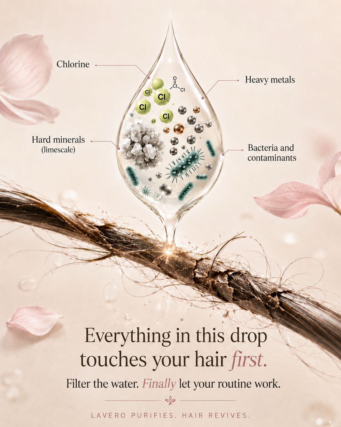 Illustration of a water drop showing chlorine, heavy metals, hard minerals, bacteria, and contaminants touching a strand of hair