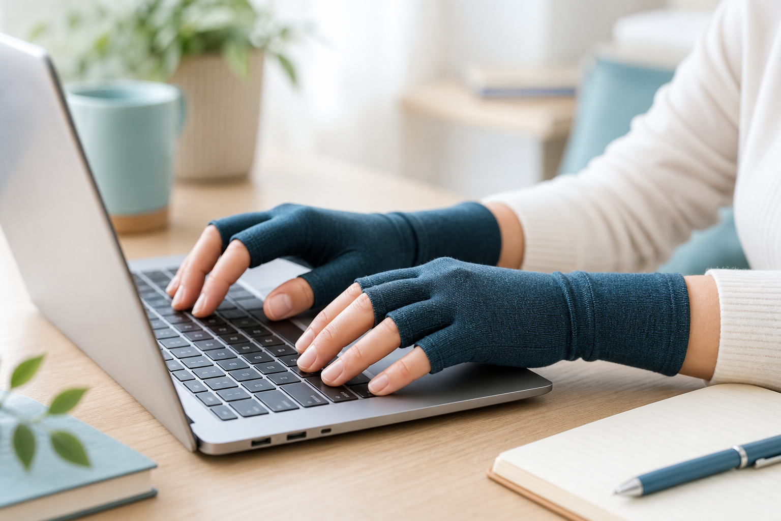 Hands wearing MyBambook compression gloves while typing on a laptop