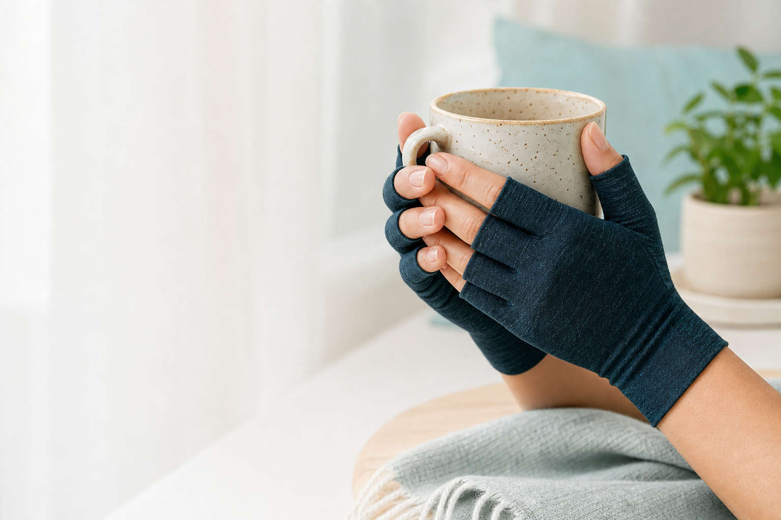 Hands wearing MyBambook compression gloves while holding a mug