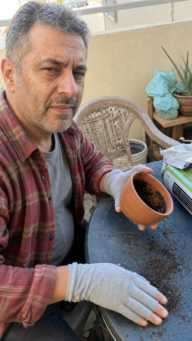 ידיים לובשות כפפות קומפרסיה אפורות שותלות עציץ במרפסת